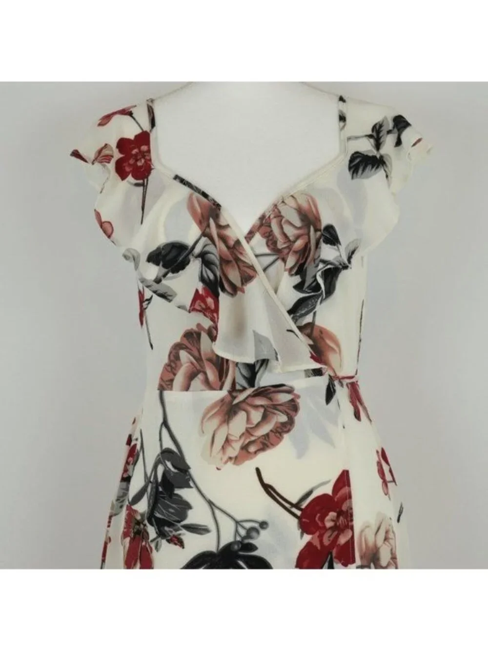Cupshe Long Beach Women's Small Cream & Red Floral Ruffled Crepe Midi Wrap Dress